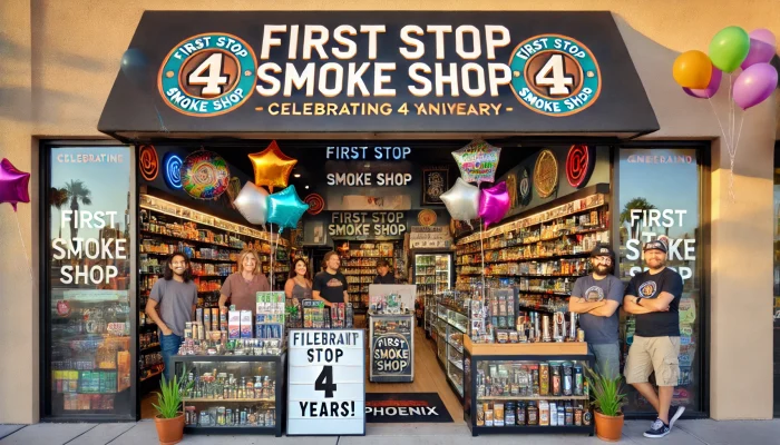 A vibrant smoke shop in Phoenix celebrating its fourth anniversary. The shop has a welcoming storefront with a colorful sign reading 'First Stop Smoke